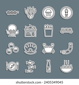 Sopa de pescado, camarón, sushi en la tabla de cortar, platillos de medusas, tienda de mariscos, pulpo, filete a la parrilla y cubo de la pesca con icono de pescado. Vector