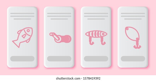 Set line Fish, Spinning reel for fishing, Fishing lure and Fishing spoon. White rectangle button. Vector