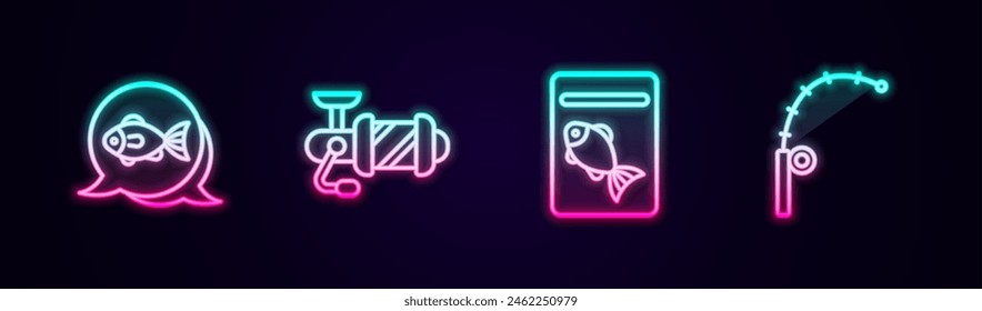 Set line Fish, Spinning reel for fishing, Served on plate and Fishing rod. Glowing neon icon. Vector