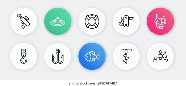 Juego de línea de pescado, carrete giratorio para la pesca, báscula de primavera, taladro de hielo de mano, cuchillo del ejército suizo, Lifebuoy, barco de pescadores y el icono de anzuelo de pesca. Vector