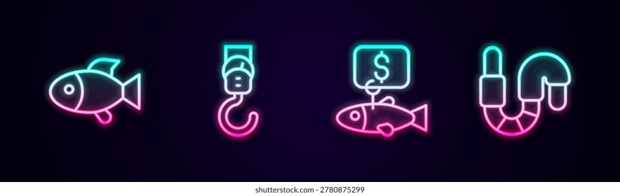 Set line Fish, Spring scale, Price tag for fish and Worm. Glowing neon icon. Vector