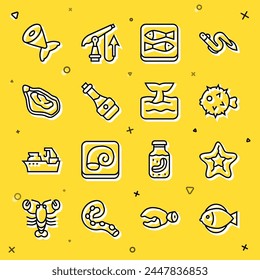 Set line Fish, Starfish, hedgehog, Canned, Soy sauce bottle, Mussel, tail and Whale in ocean wave icon. Vector