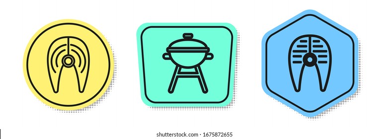 Set line Fish steak, Barbecue grill and Fish steak. Colored shapes. Vector