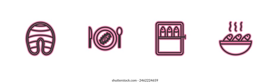 Set line Filete de pescado, Pescado enlatado, Pepino servido en el plato y icono de sopa. Vector