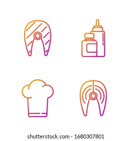 Set line Fish steak, Chef hat, Fish steak and Sauce bottle. Gradient color icons. Vector