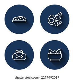 Set line Fish steak, Chicken egg with vegerables, Soy sauce in bowl and Wonton with long shadow. Blue circle button. Vector