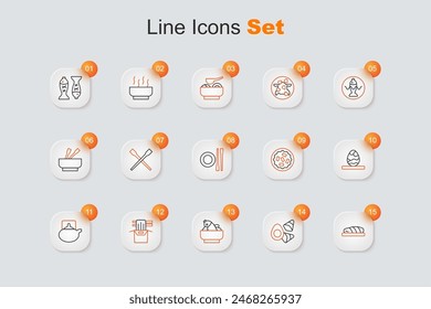 Set line Fish steak, Chicken egg with vegerables, Rice fish in bowl, Asian noodles paper box, Traditional ceremony, Chinese, Homemade pie and Food chopsticks plate icon. Vector