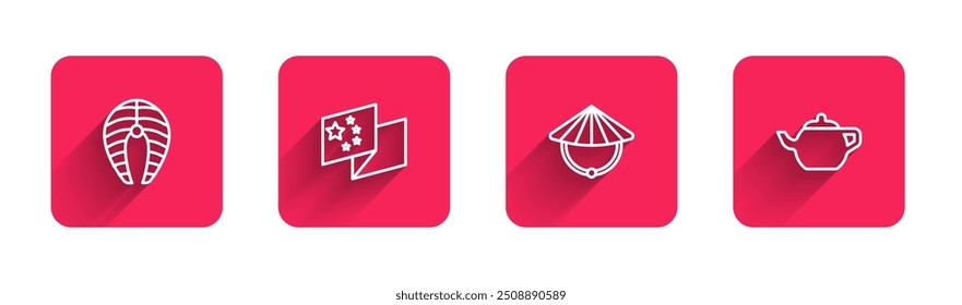 Set line Fish steak, China flag, Chinese conical straw hat and ceremony with long shadow. Red square button. Vector