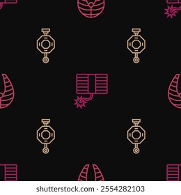 Set line Fish steak, Chinese paper lantern and Firework on seamless pattern. Vector