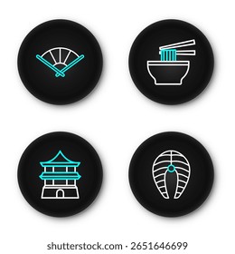 Set line Fish steak, Chinese house, Asian noodles bowl and or japanese folding fan icon. Vector