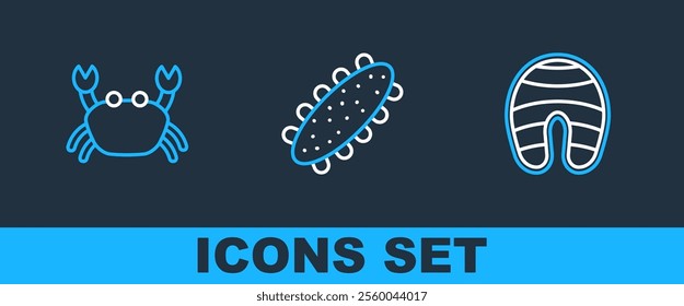 Set line Fish steak, Crab and Sea cucumber icon. Vector
