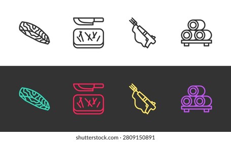 Set line Fish steak, Cutting board and knife, Fishing harpoon and Sushi cutting on black and white. Vector