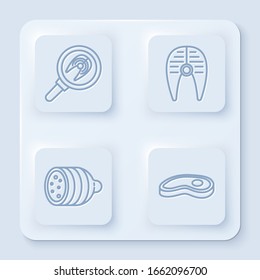 Set line Fish steak in frying pan, Fish steak, Salami sausage and Steak meat. White square button. Vector