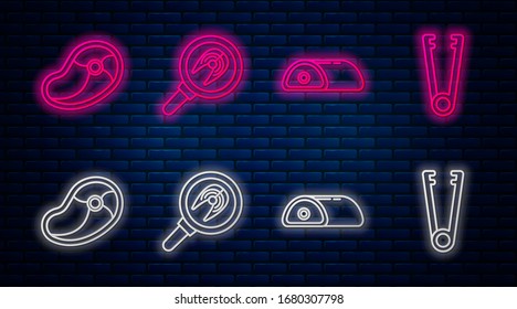 Set line Fish steak in frying pan, Meat, Steak meat and Meat tongs. Glowing neon icon on brick wall. Vector