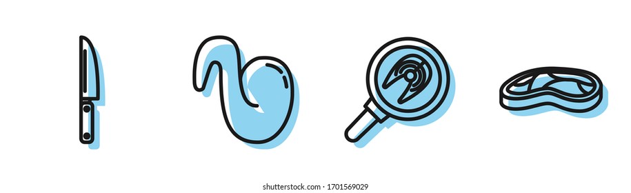 Set line Fish steak in frying pan, Knife, Fried chicken wing and Steak meat icon. Vector