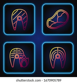 Set line Fish steak, Grilled fish steak and fire flame, Fish steak and Steak meat. Gradient color icons. Vector