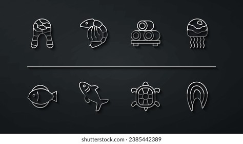 Set line Fish steak, Jellyfish, Turtle, Shark, Shrimp,  and Sushi on cutting board icon. Vector