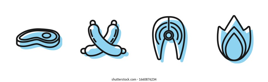 Fije la línea Carne de pescado, Carne de filete, Salchicha cruzada e icono de llama al fuego. Vector