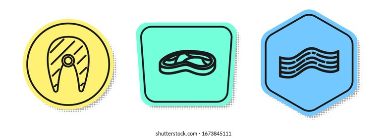 Set line Fish steak, Steak meat and Bacon stripe. Colored shapes. Vector