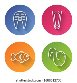 Set line Fish steak, Meat tongs, Fish and Fried chicken wing. Color circle button. Vector