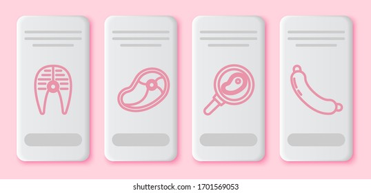 Set line Fish steak, Steak meat, Steak meat in frying pan and Sausage. White rectangle button. Vector