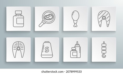 Set line Fish steak, Steak meat in frying pan, Salt, Sauce bottle, Grilled shish kebab on skewer stick, Chicken leg,  and  icon. Vector