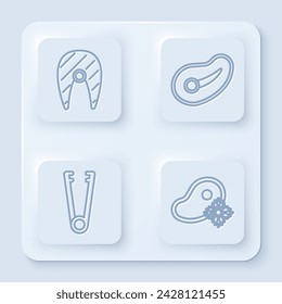 Set line Fish steak, Steak meat, Meat tongs and Fresh frozen steak meat. White square button. Vector