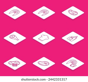 Set line Fish steak, Steak meat, Chicken leg, Chef hat, Sauce bottle, Fresh frozen and  icon. Vector