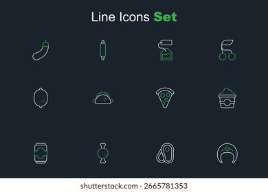 Fije la línea Filete de pescado, carne de bistec, pierna de pollo, lata de refresco, palomitas de maíz en caja de cartón, rebanada de pizza, taco con tortilla e icono de limón. Vector