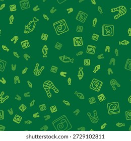 Set line Fish, steak and Octopus on plate on seamless pattern. Vector