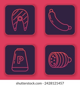 Set line Fish steak, Pepper, Sausage and Salami sausage. Blue square button. Vector