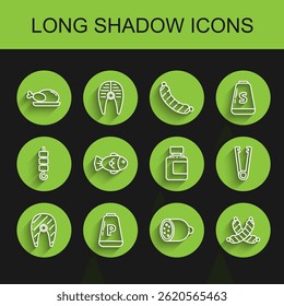 Set line Fish steak, Pepper, Roasted turkey or chicken, Salami sausage, Crossed, Meat tongs and Sauce bottle icon. Vector