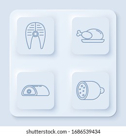 Set line Fish steak, Roasted turkey or chicken, Meat and Salami sausage. White square button. Vector