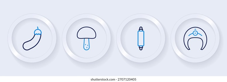 Set Linie Fisch Steak, Rolling Pin, Pilz und Aubergine Symbol. Vektorgrafik