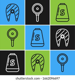 Set line Fish steak, Salt and Frying pan icon. Vector