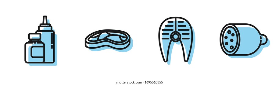 Set line Fish steak, Sauce bottle, Steak meat and Salami sausage icon. Vector