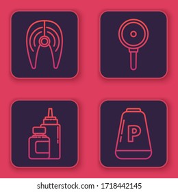 Set line Fish steak, Sauce bottle, Frying pan and Pepper. Blue square button. Vector