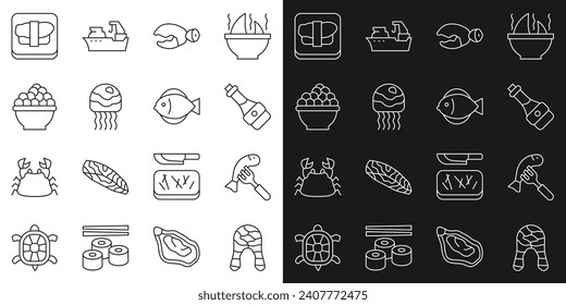 Set line Fish steak, Served fish on plate, Soy sauce bottle, Lobster or crab claw, Jellyfish, Caviar, Sushi cutting board and  icon. Vector