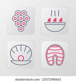 Set line Fish steak, Shell with pearl, Soup shrimps and Caviar icon. Vector