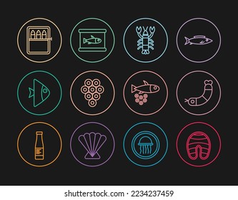 Set line Fish steak, Shrimp, Lobster, Caviar, Canned fish, with caviar and  icon. Vector