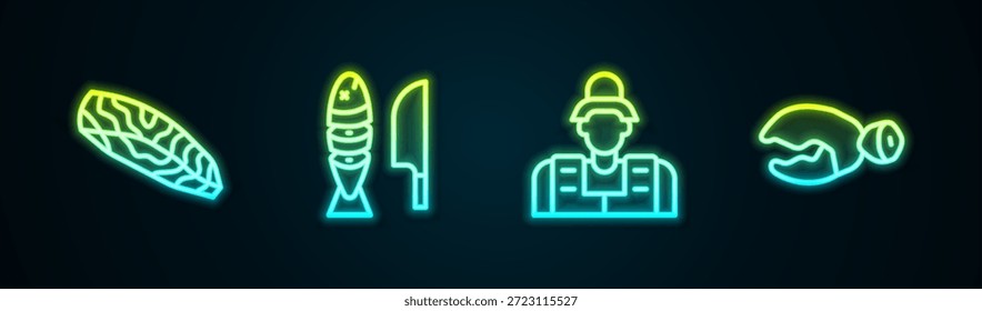 Set line Filete de pescado, con trozos cortados, pescador y langosta o garra de cangrejo. Icono de neón brillante. Vector