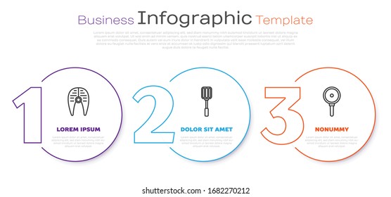 Set line Fish steak, Spatula and Frying pan. Business infographic template. Vector