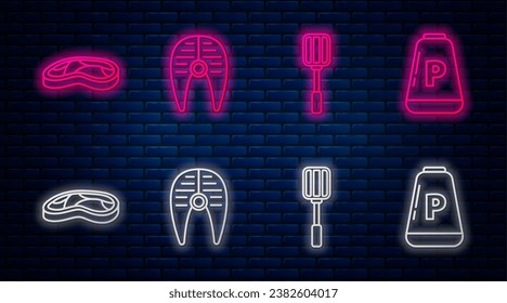 Set line Fish steak, Spatula, Steak meat and Pepper. Glowing neon icon on brick wall. Vector