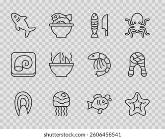 Set line Fish steak, Starfish, with sliced pieces, Jellyfish, Shark, fin soup, Tropical and  icon. Vector