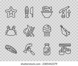 Set line Fish steak, Sushi, Served fish on bowl, plate, Starfish, Seaweed, cucumber in jar and Fishing harpoon icon. Vector