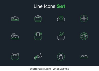 Set line Fish steak, Wonton, Food chopsticks with noodles, Kung Pao chicken, Asian in bowl,  and Xiao long bao icon. Vector