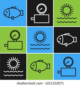 Set line Fish, Sun and waves and Gauge scale icon. Vector