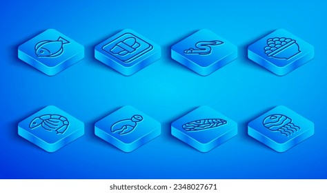 Set line Fish, Sushi on cutting board, Eel fish, Lobster or crab claw, steak, Caviar, Shrimp and Jellyfish icon. Vector
