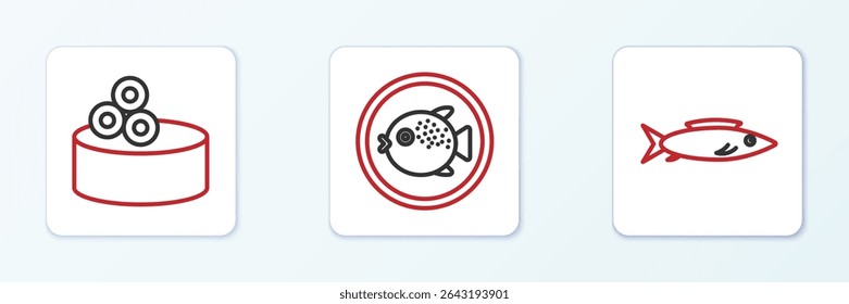 Set line Fish, Tin can with caviar and Puffer fish on plate icon. Vector