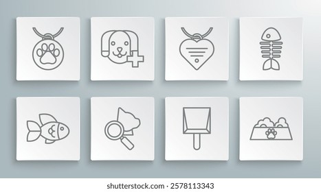 Set line Fish, Veterinary clinic symbol, Dustpan, Pet food bowl for cat or dog, Collar with name tag and heart, skeleton and  icon. Vector